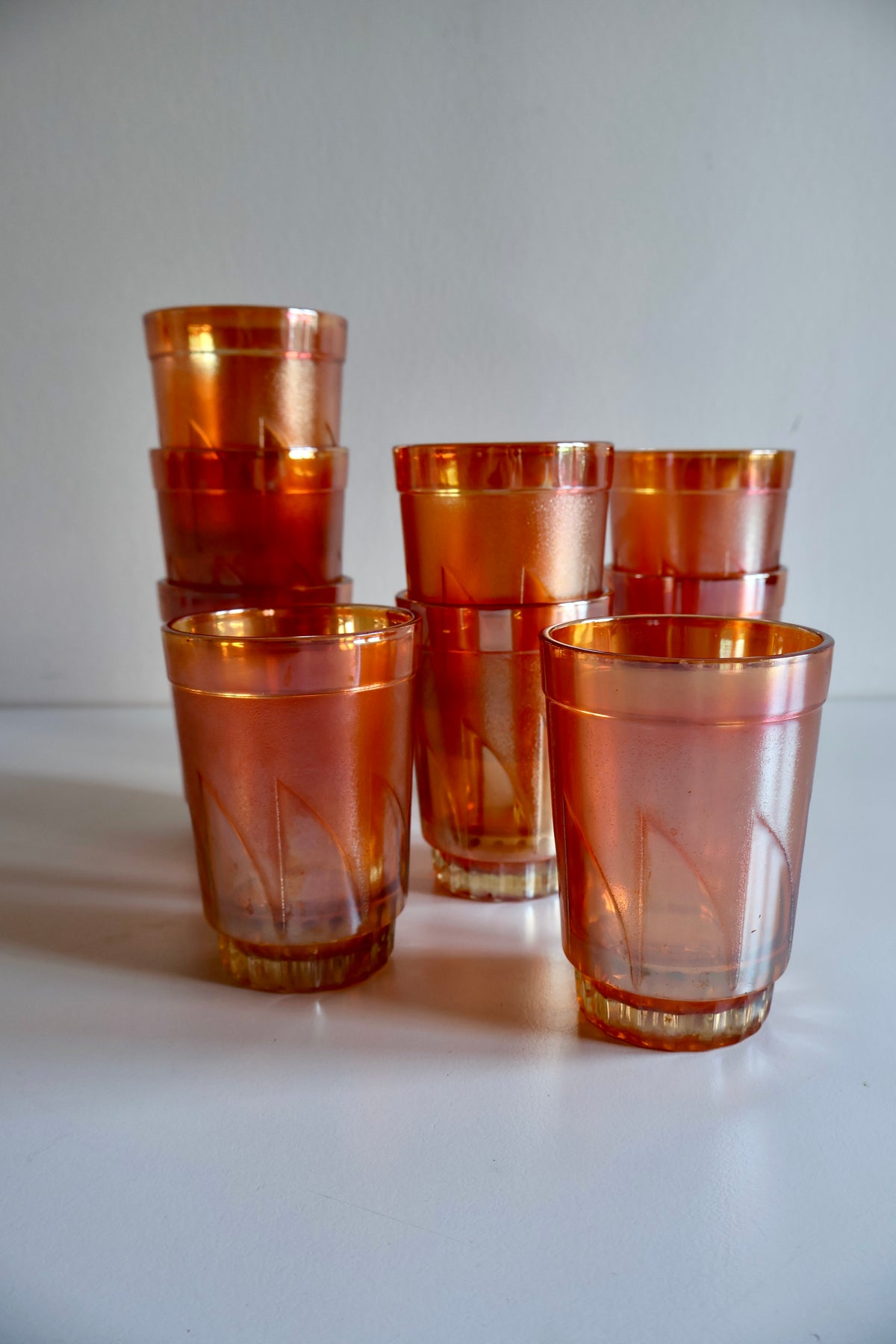 Set of 9 Vintage Iridescent Orange Glass Tumblers – 10 cm