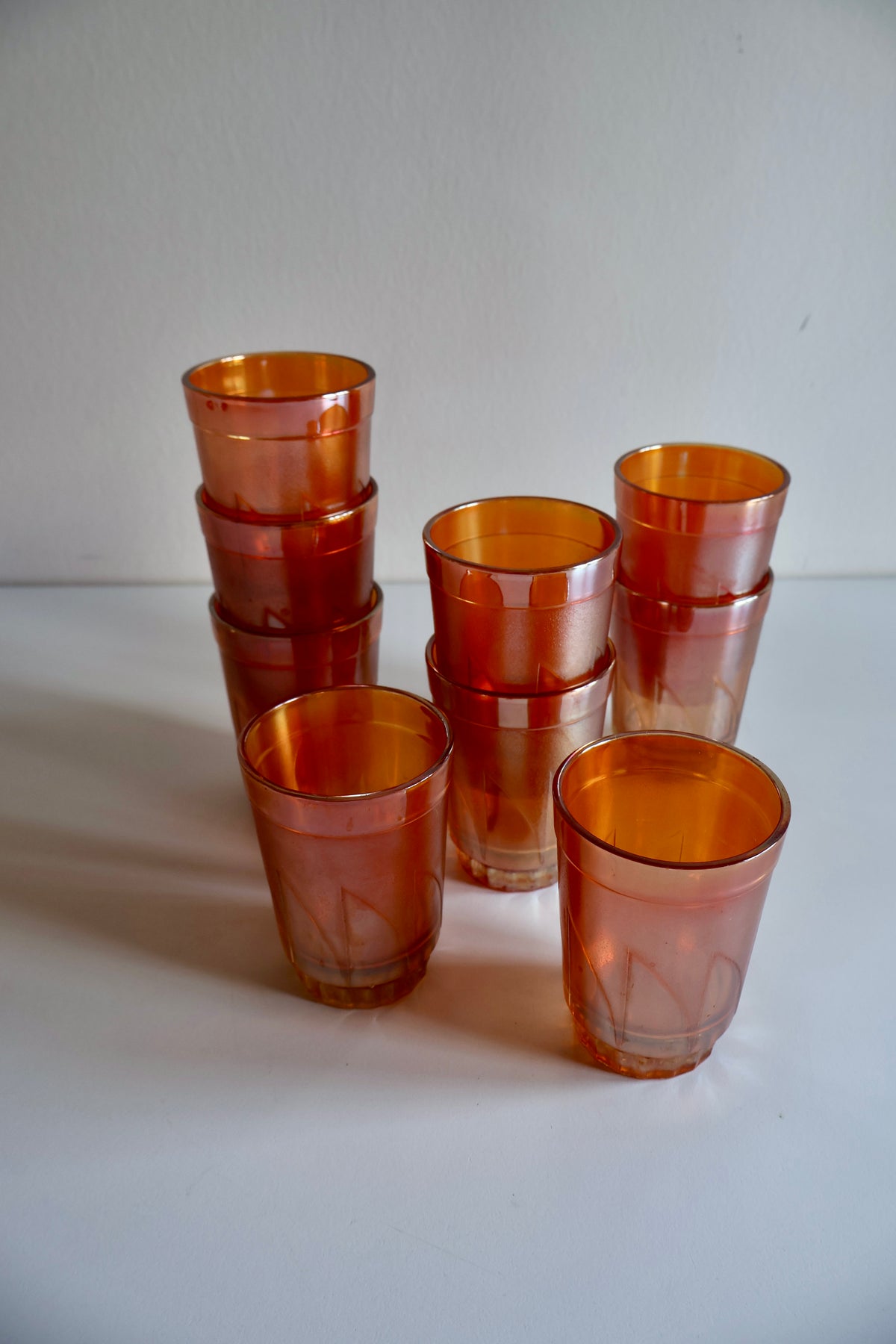 Set of 9 Vintage Iridescent Orange Glass Tumblers – 10 cm