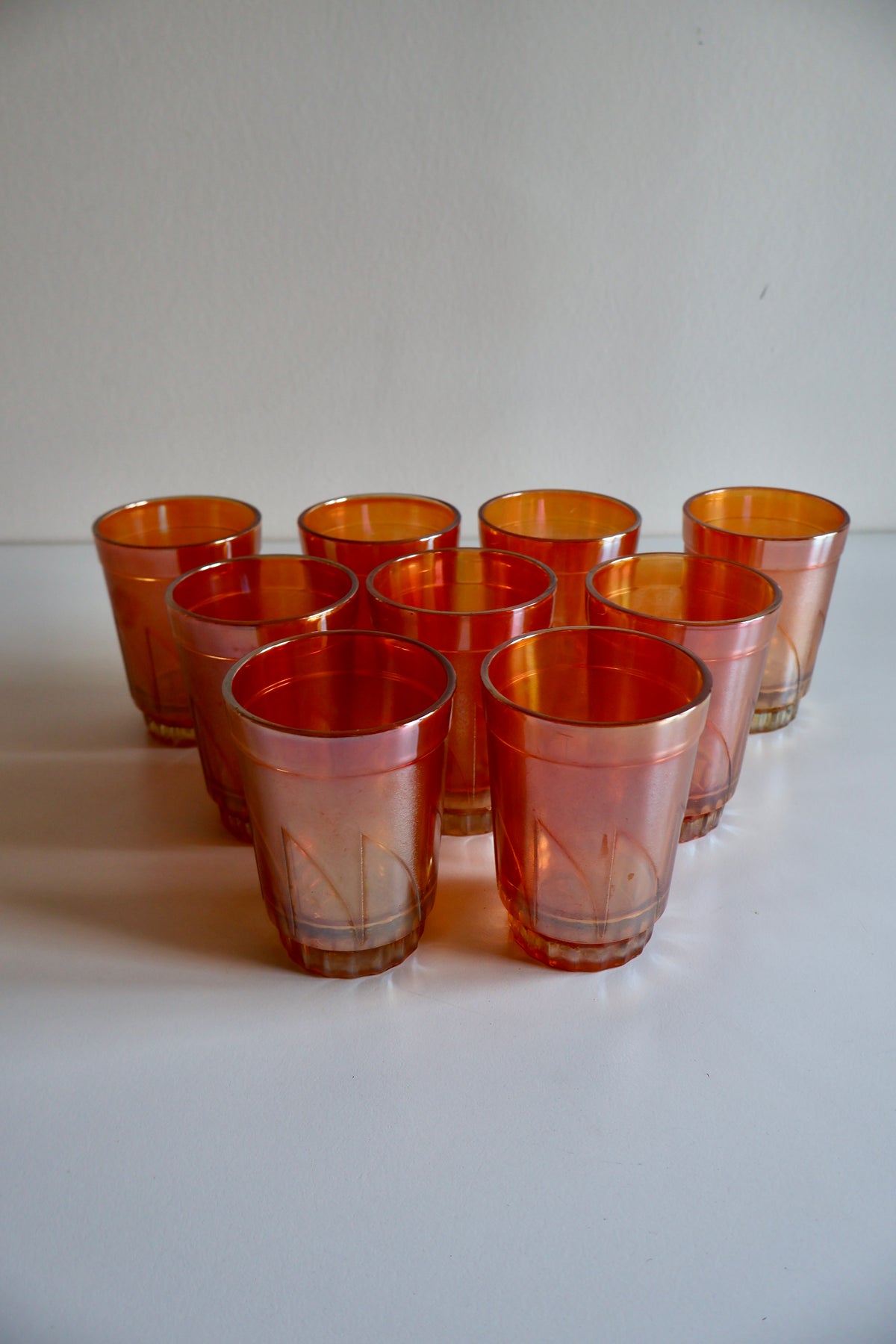 Set of 9 Vintage Iridescent Orange Glass Tumblers – 10 cm