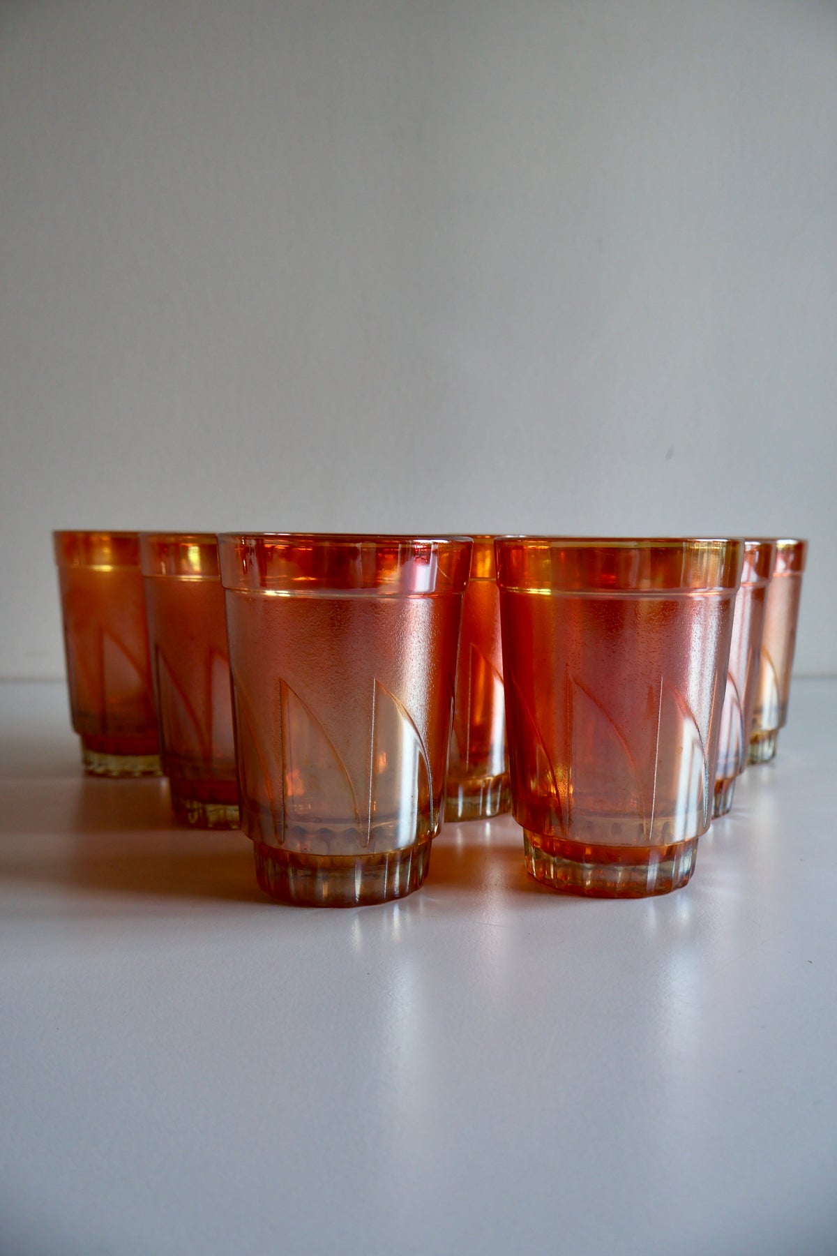 Set of 9 Vintage Iridescent Orange Glass Tumblers – 10 cm