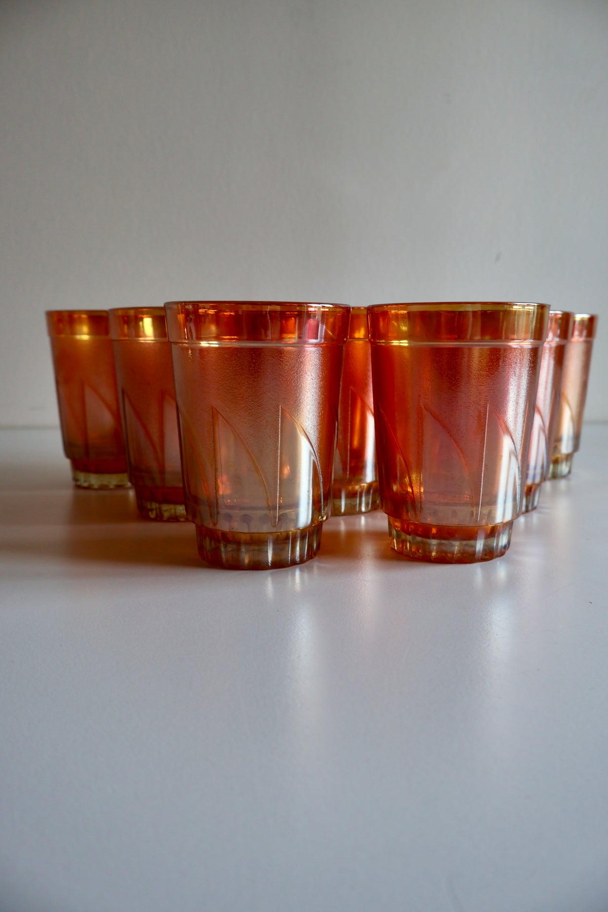 Set of 9 Vintage Iridescent Orange Glass Tumblers – 10 cm