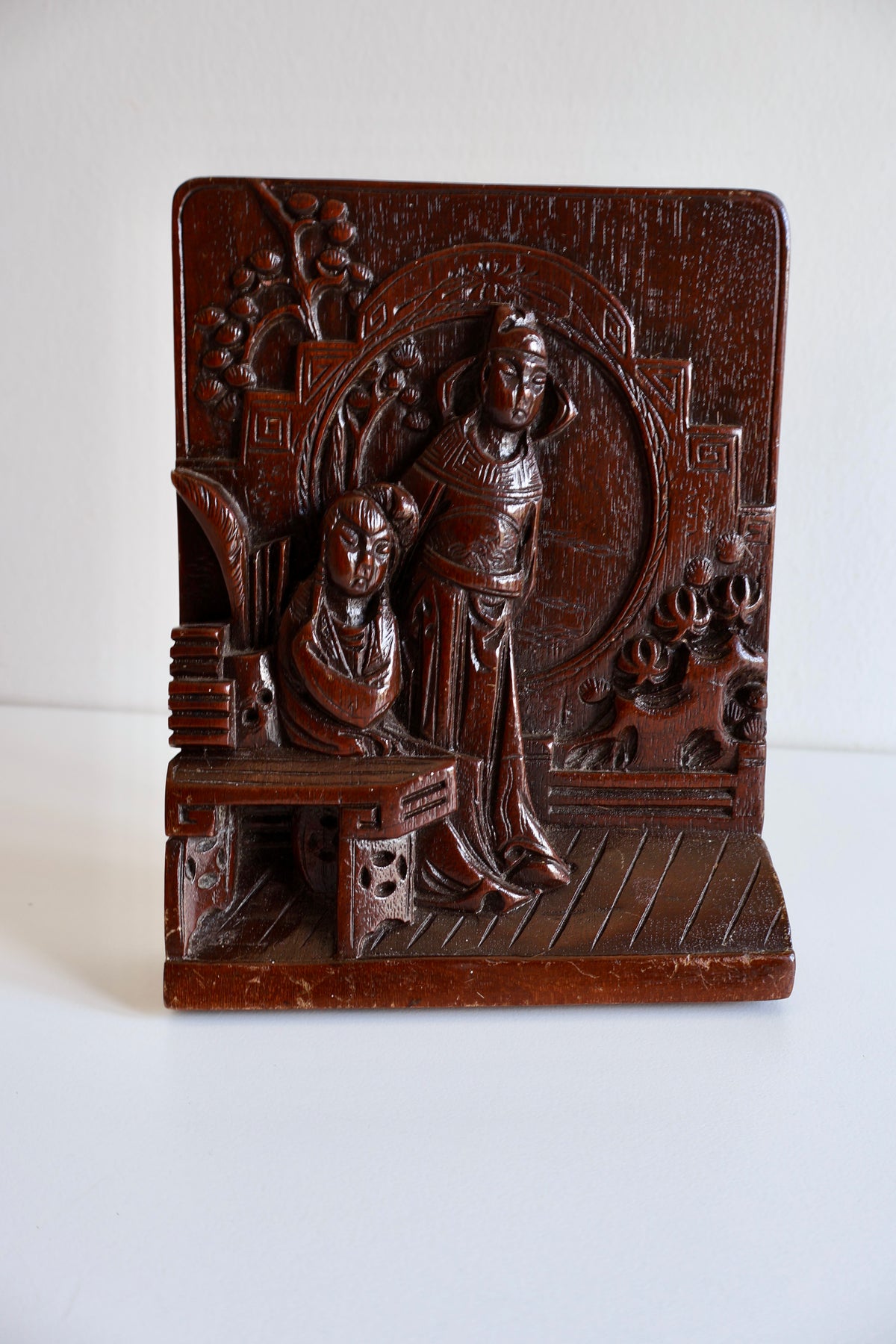 Vintage Chinese Carved Wood Bookend with Brass Dragon Base