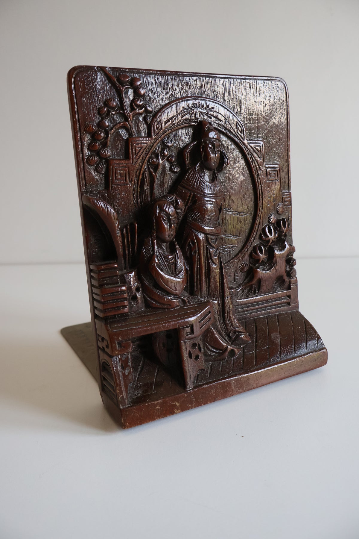 Vintage Chinese Carved Wood Bookend with Brass Dragon Base