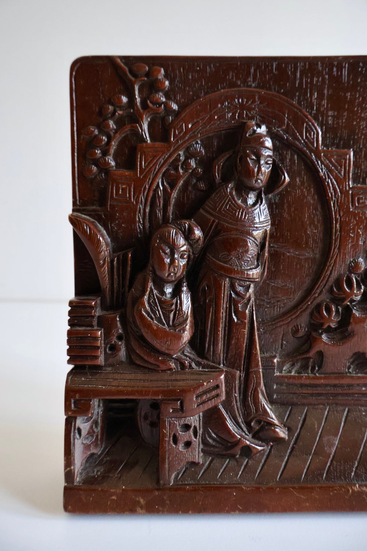 Vintage Chinese Carved Wood Bookend with Brass Dragon Base