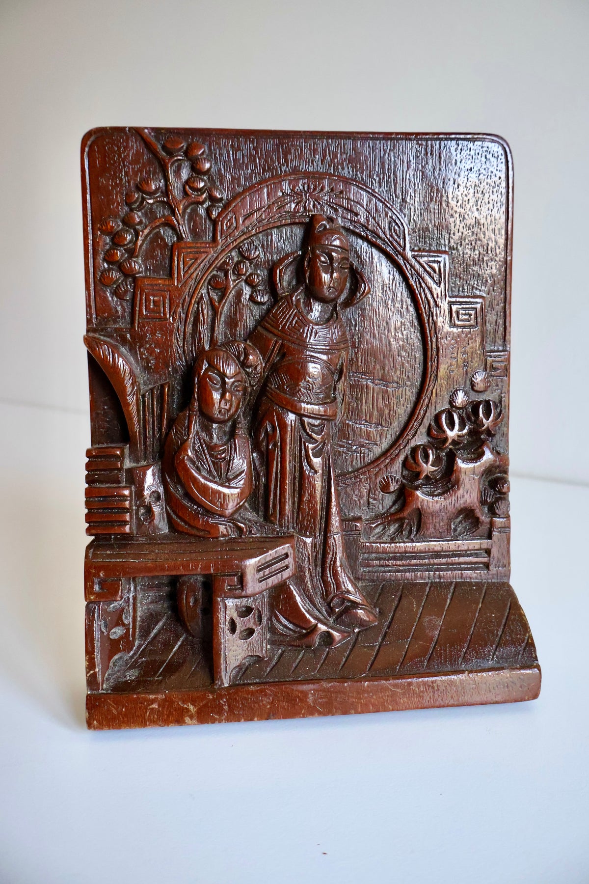 Vintage Chinese Carved Wood Bookend with Brass Dragon Base