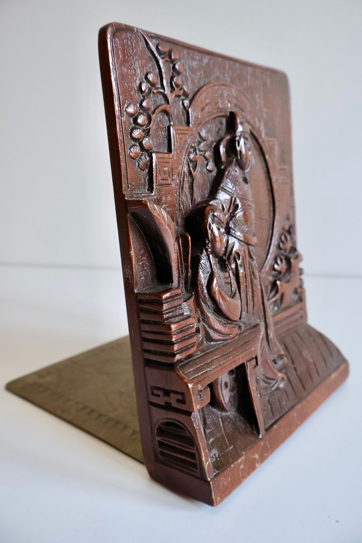Vintage Chinese Carved Wood Bookend with Brass Dragon Base