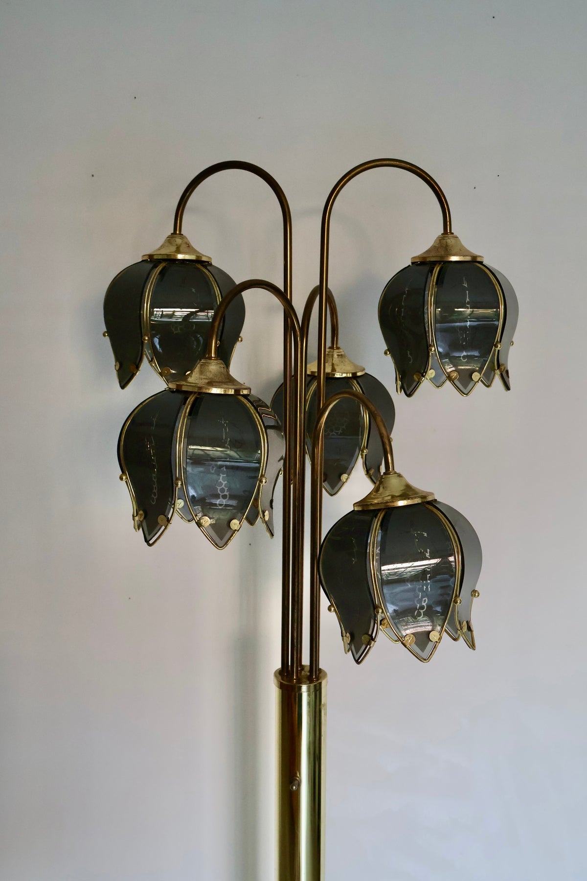 Vintage 5-Light Brass Floor Lamp with Smoked Glass Grape Shades – 170cm