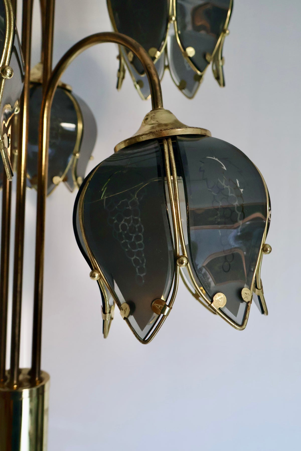 Vintage 5-Light Brass Floor Lamp with Smoked Glass Grape Shades – 170cm