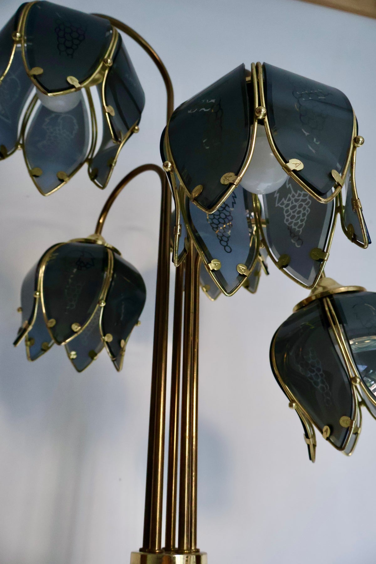 Vintage 5-Light Brass Floor Lamp with Smoked Glass Grape Shades – 170cm