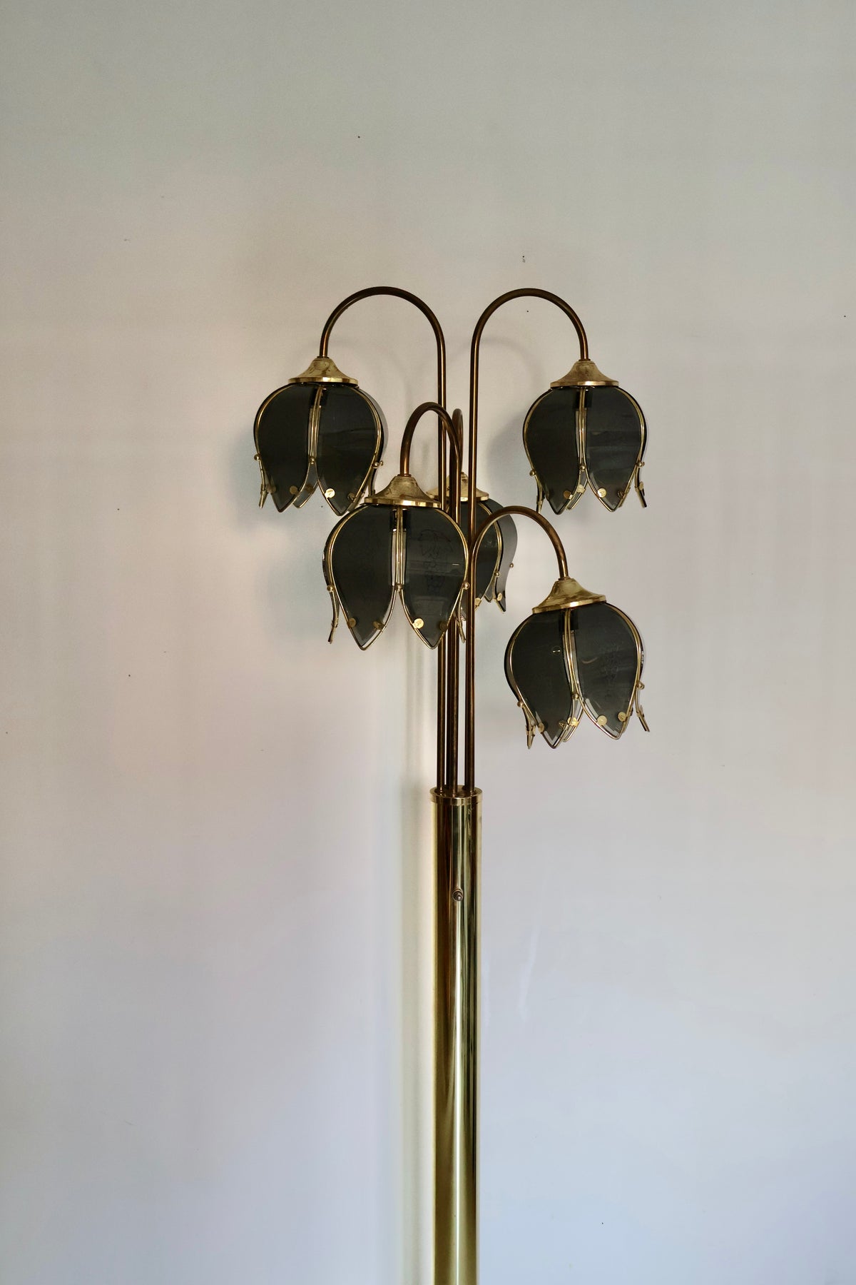 Vintage 5-Light Brass Floor Lamp with Smoked Glass Grape Shades – 170cm