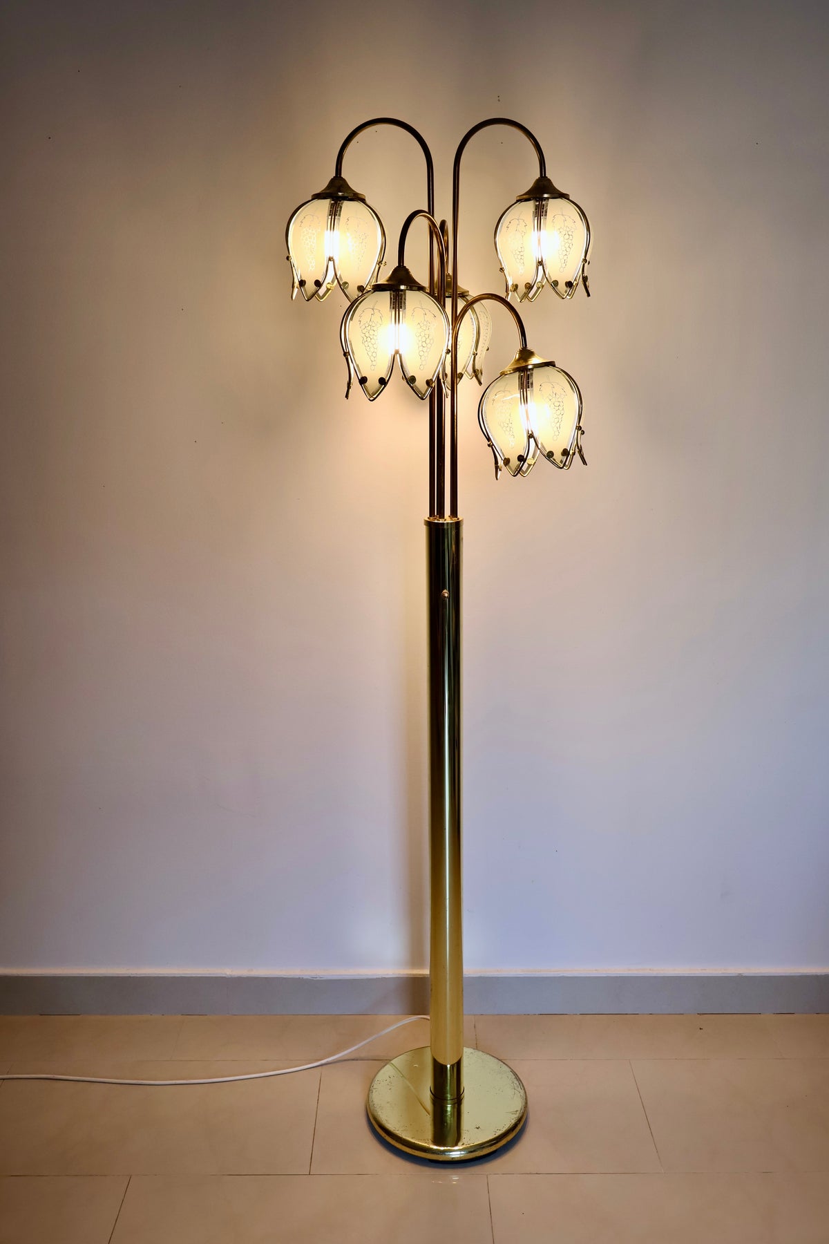 Vintage 5-Light Brass Floor Lamp with Smoked Glass Grape Shades – 170cm