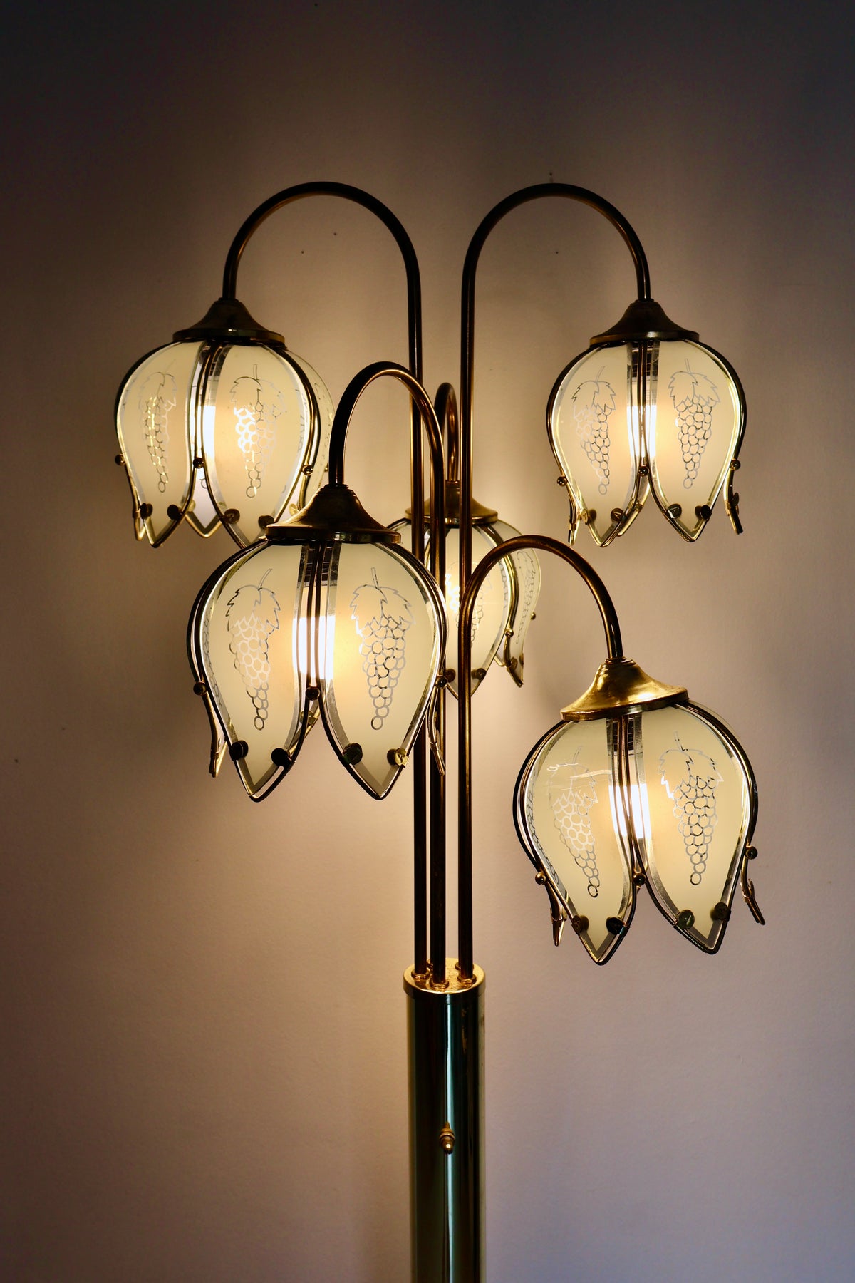 Vintage 5-Light Brass Floor Lamp with Smoked Glass Grape Shades – 170cm