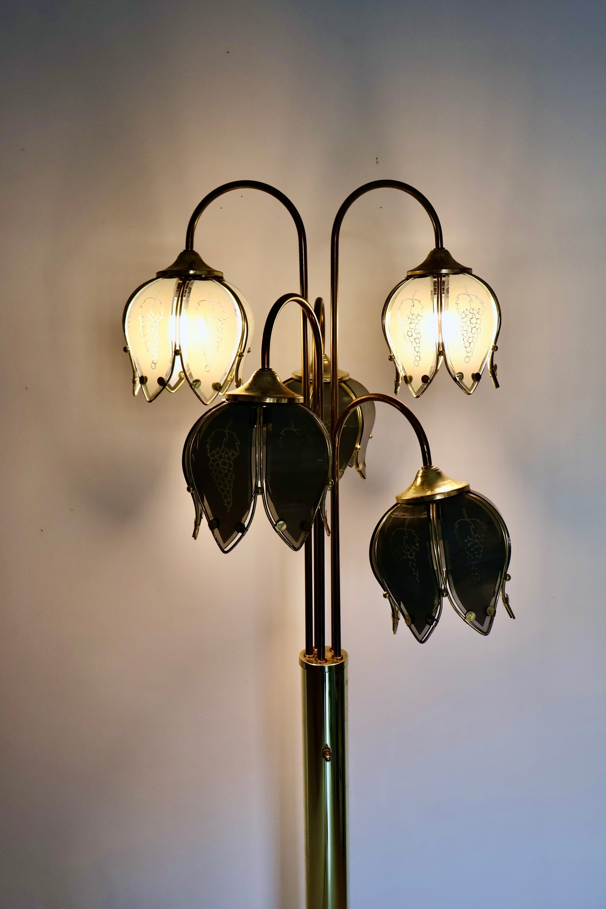 Vintage 5-Light Brass Floor Lamp with Smoked Glass Grape Shades – 170cm