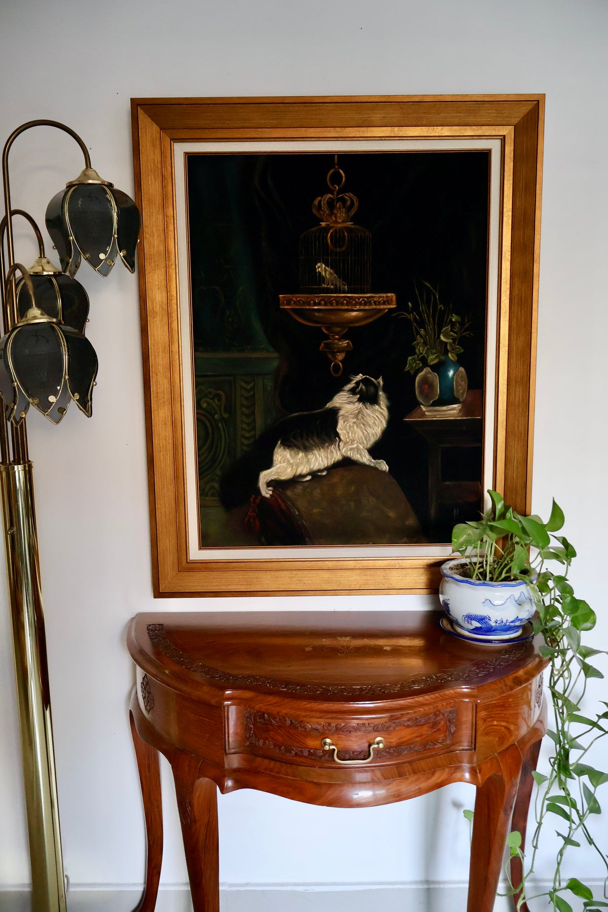 Vintage Framed Cat & Birdcage Painting – 79 x 99cm