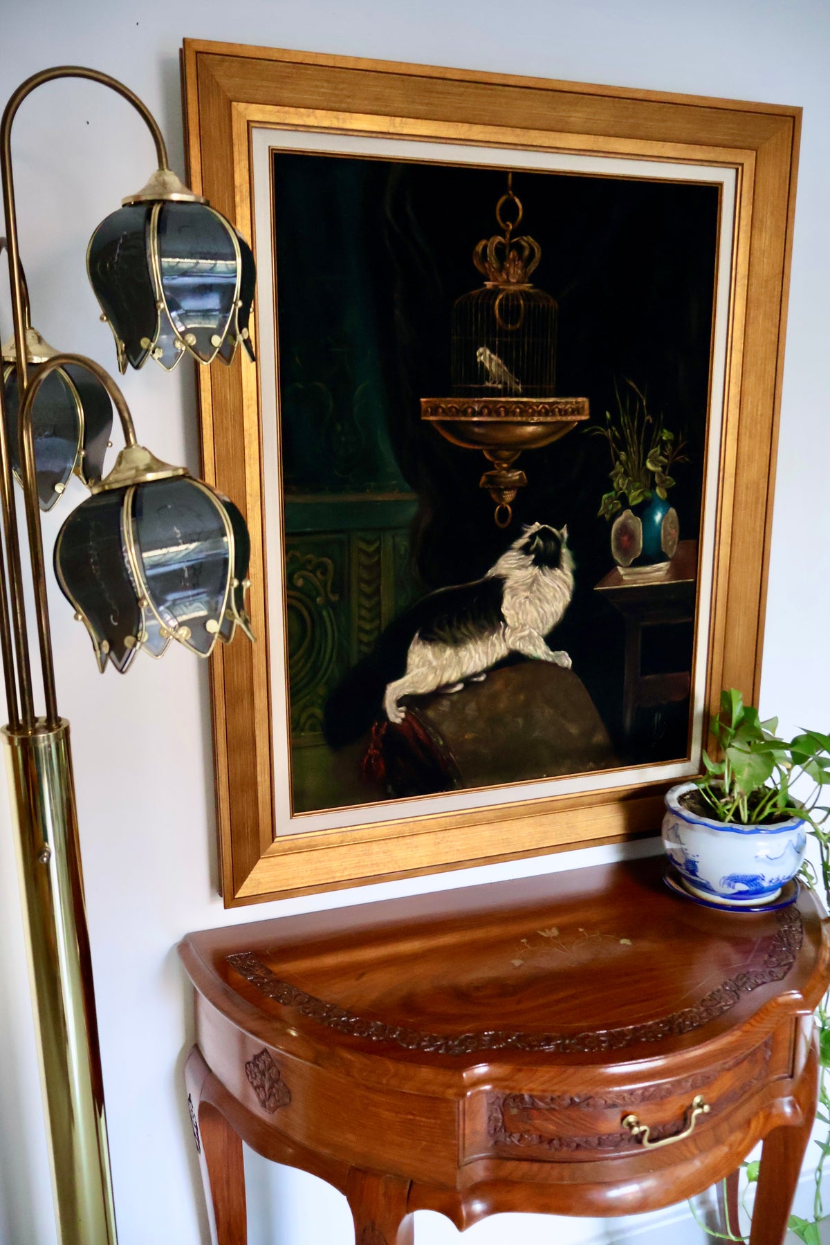 Vintage Framed Cat & Birdcage Painting – 79 x 99cm