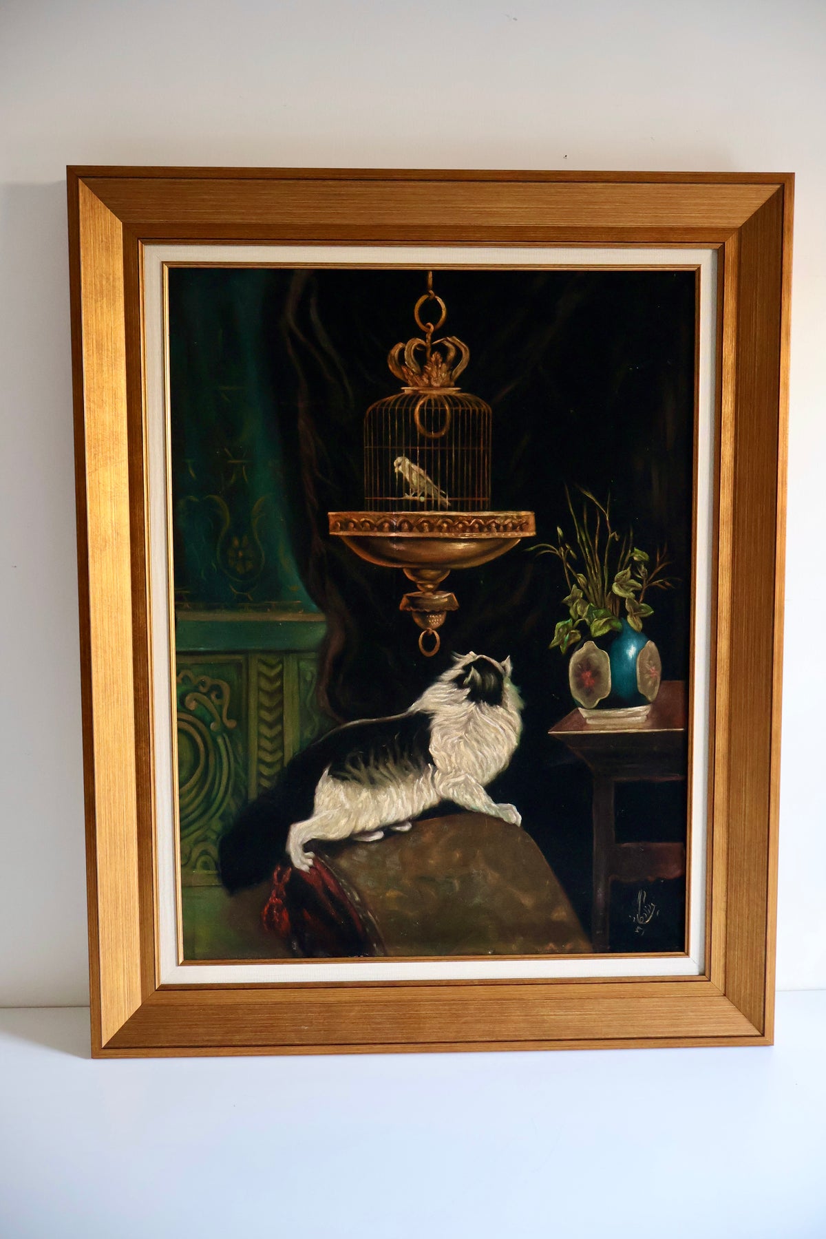 Vintage Framed Cat & Birdcage Painting – 79 x 99cm