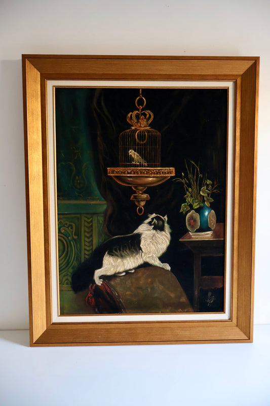 Vintage Framed Cat & Birdcage Painting – 79 x 99cm