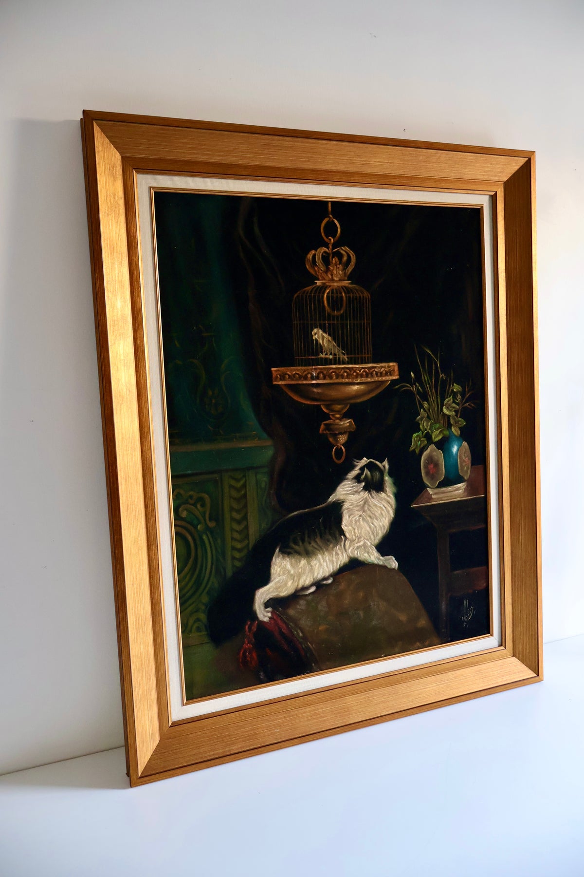 Vintage Framed Cat & Birdcage Painting – 79 x 99cm