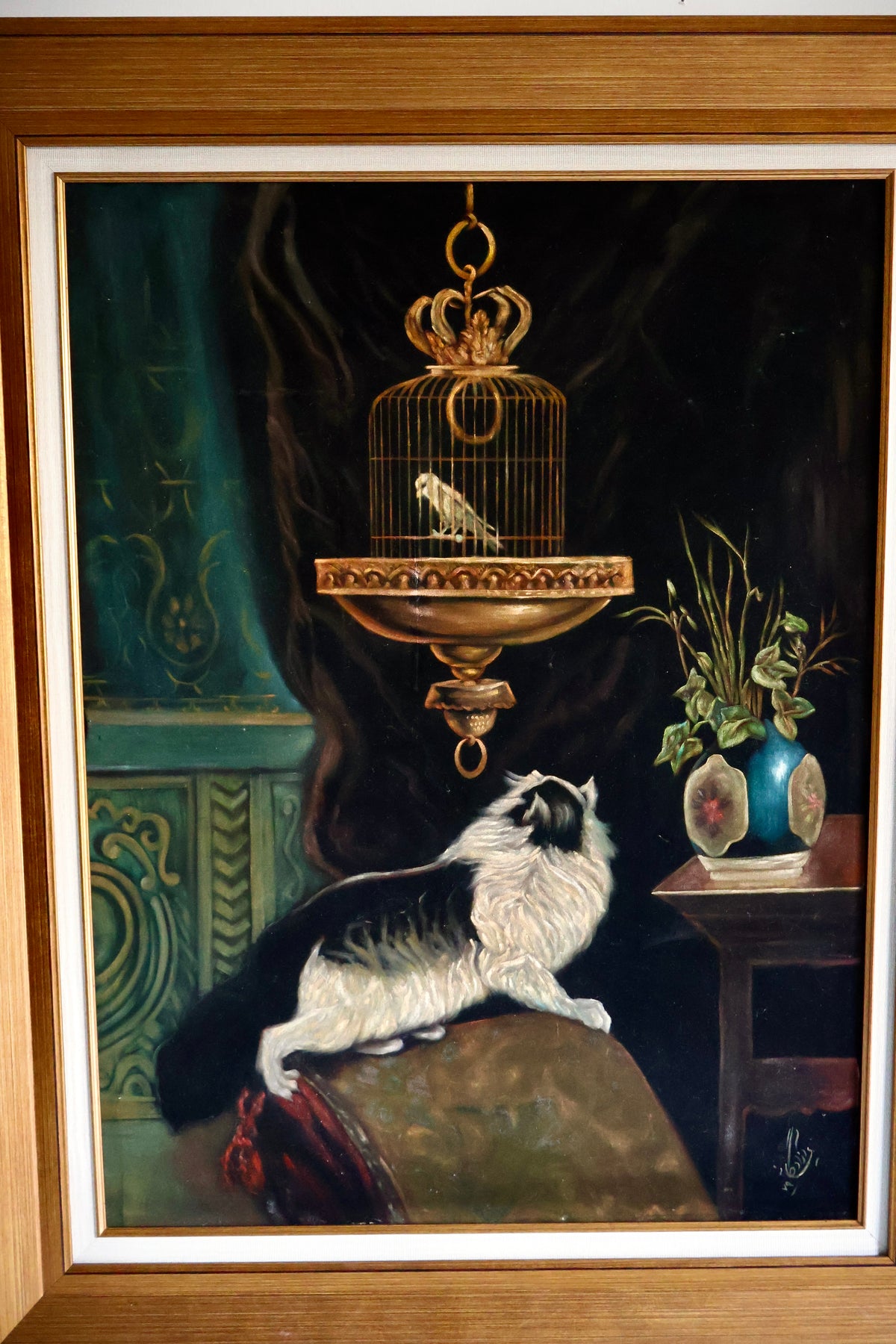 Vintage Framed Cat & Birdcage Painting – 79 x 99cm