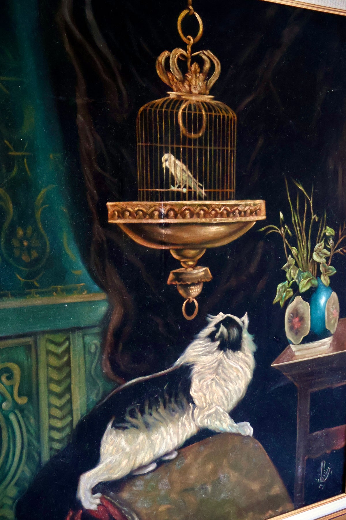 Vintage Framed Cat & Birdcage Painting – 79 x 99cm