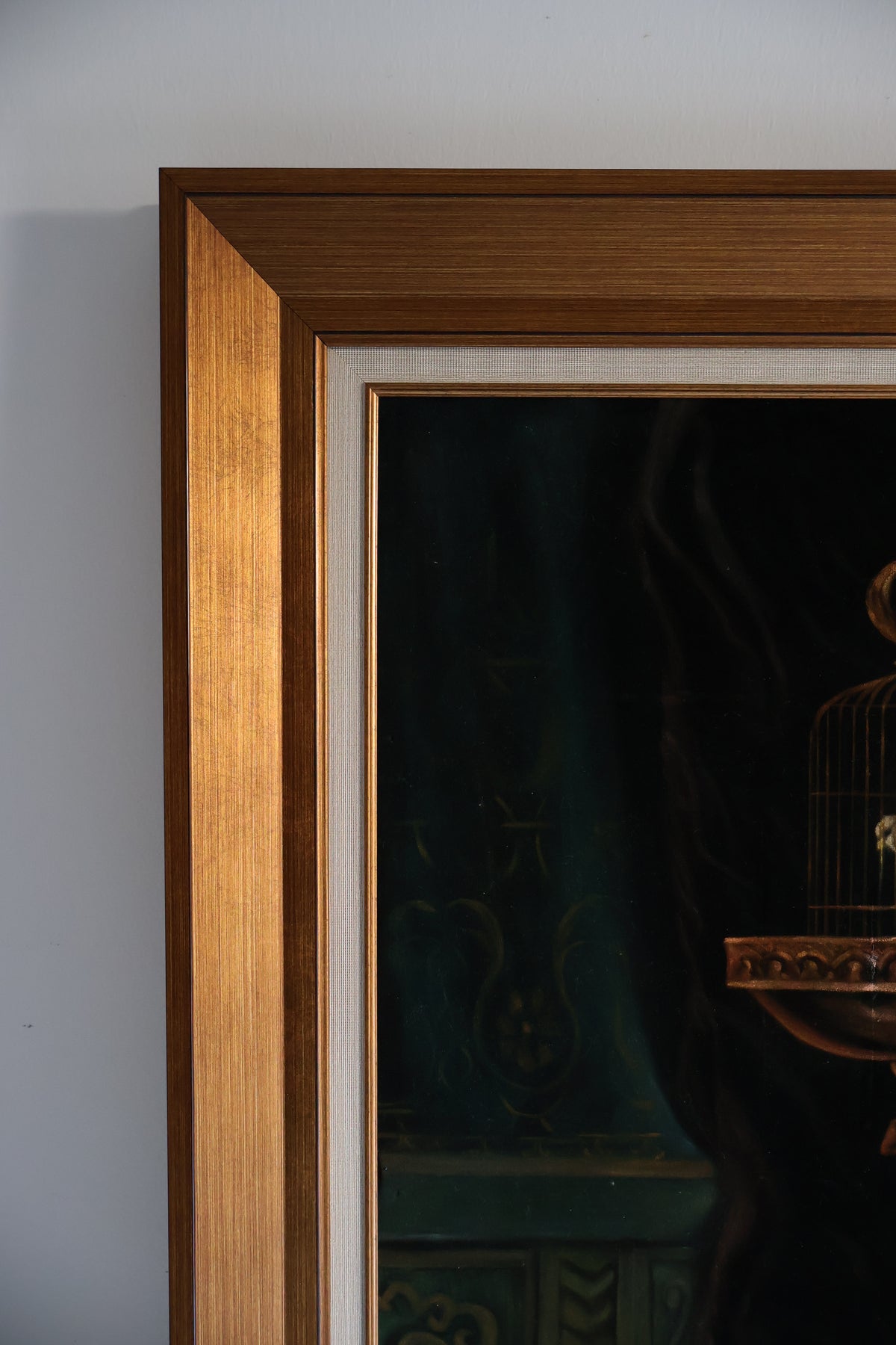 Vintage Framed Cat & Birdcage Painting – 79 x 99cm