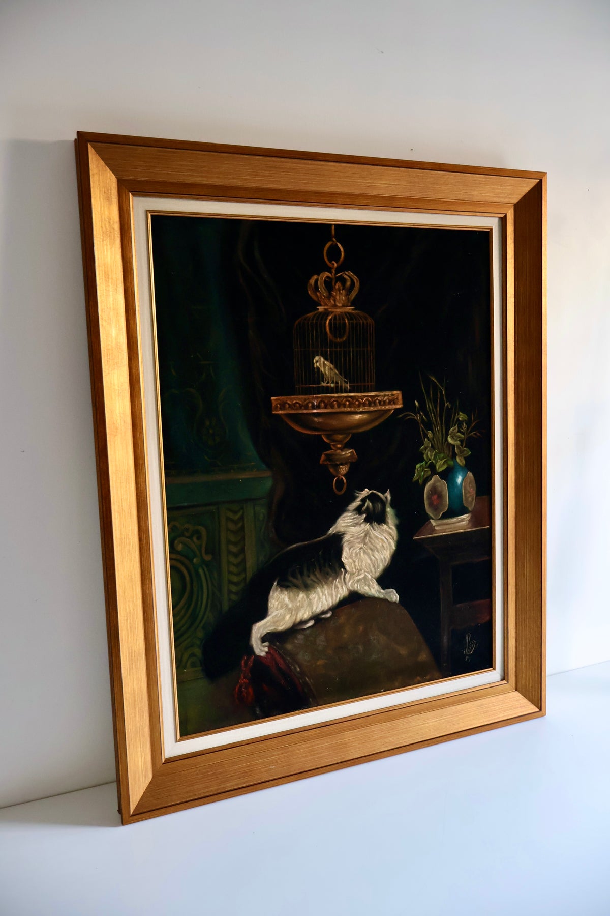 Vintage Framed Cat & Birdcage Painting – 79 x 99cm