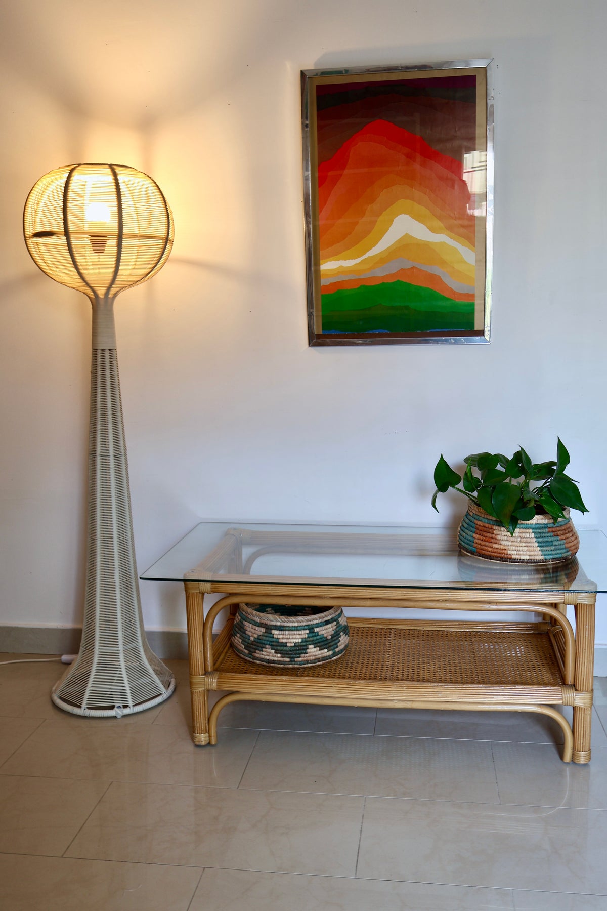Vintage Rattan & Cane Coffee Table with Glass Top – 120 x 60 x 46cm