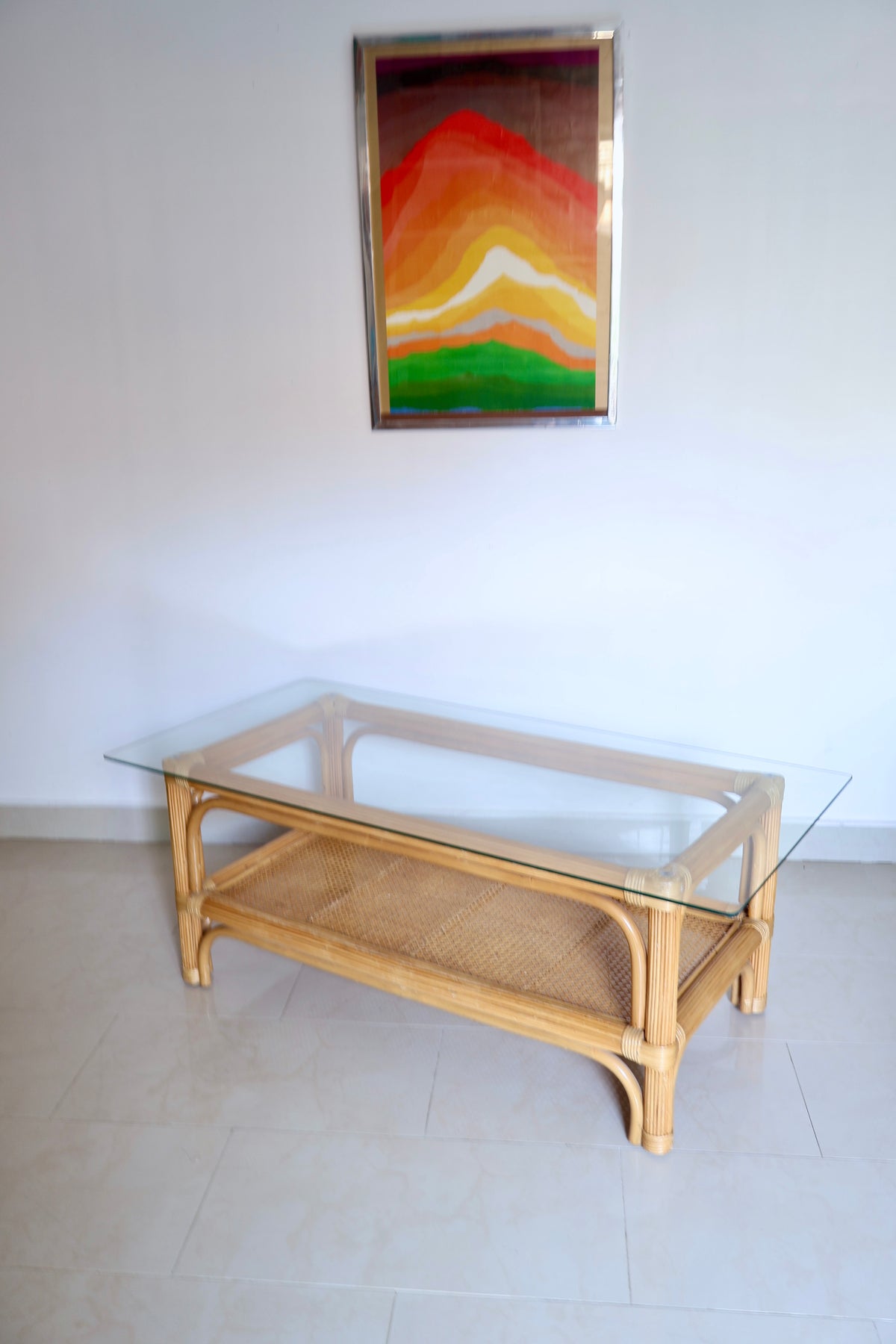 Vintage Rattan & Cane Coffee Table with Glass Top – 120 x 60 x 46cm
