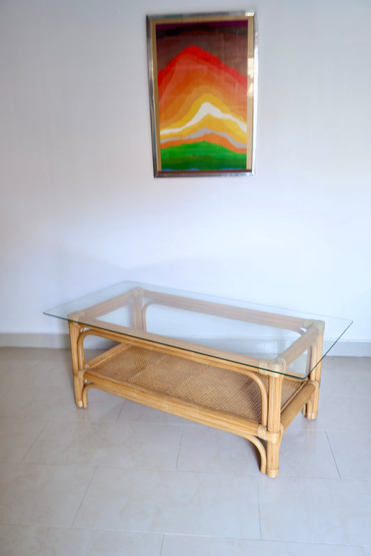 Vintage Rattan & Cane Coffee Table with Glass Top – 120 x 60 x 46cm
