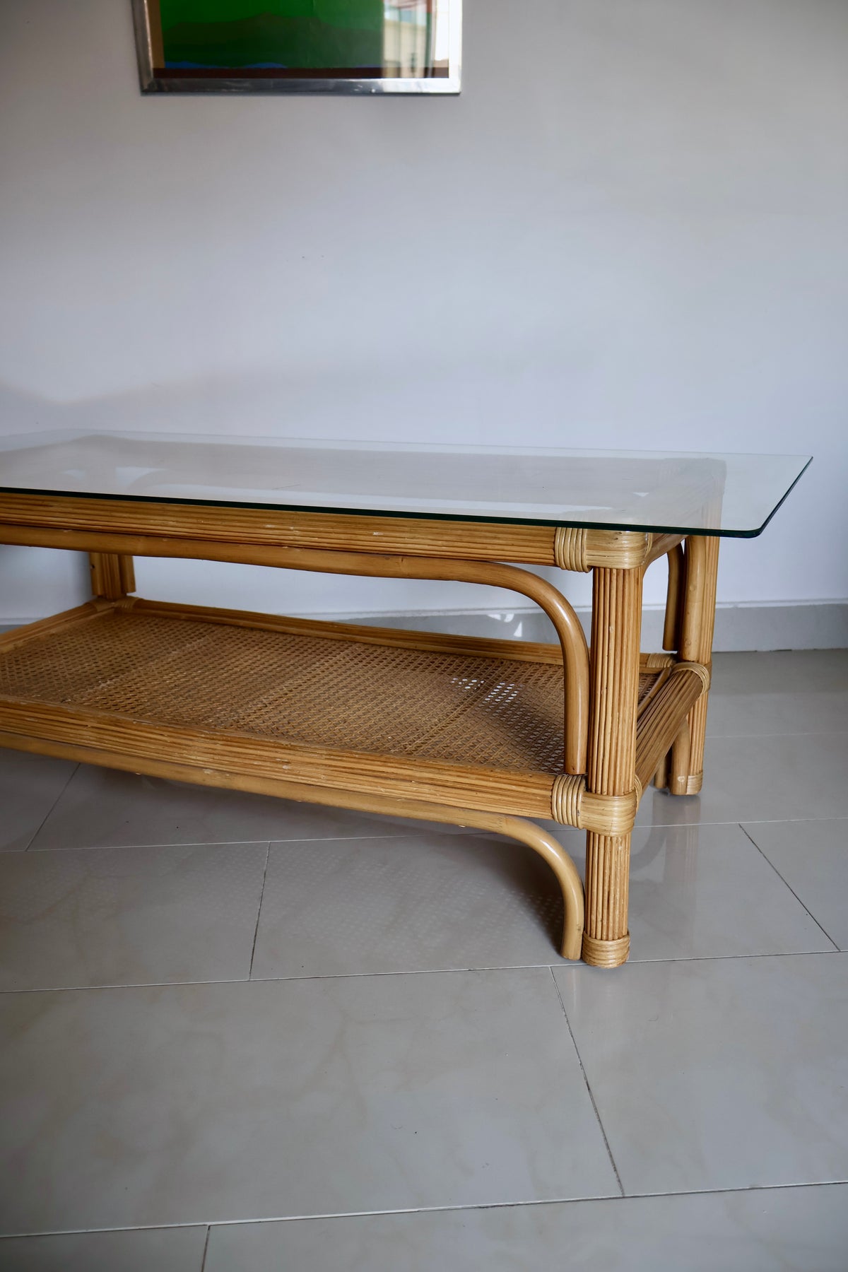 Vintage Rattan & Cane Coffee Table with Glass Top – 120 x 60 x 46cm