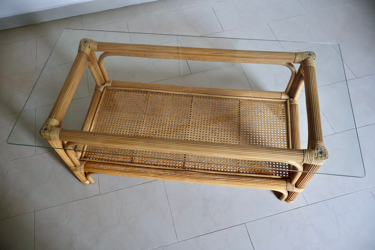 Vintage Rattan & Cane Coffee Table with Glass Top – 120 x 60 x 46cm