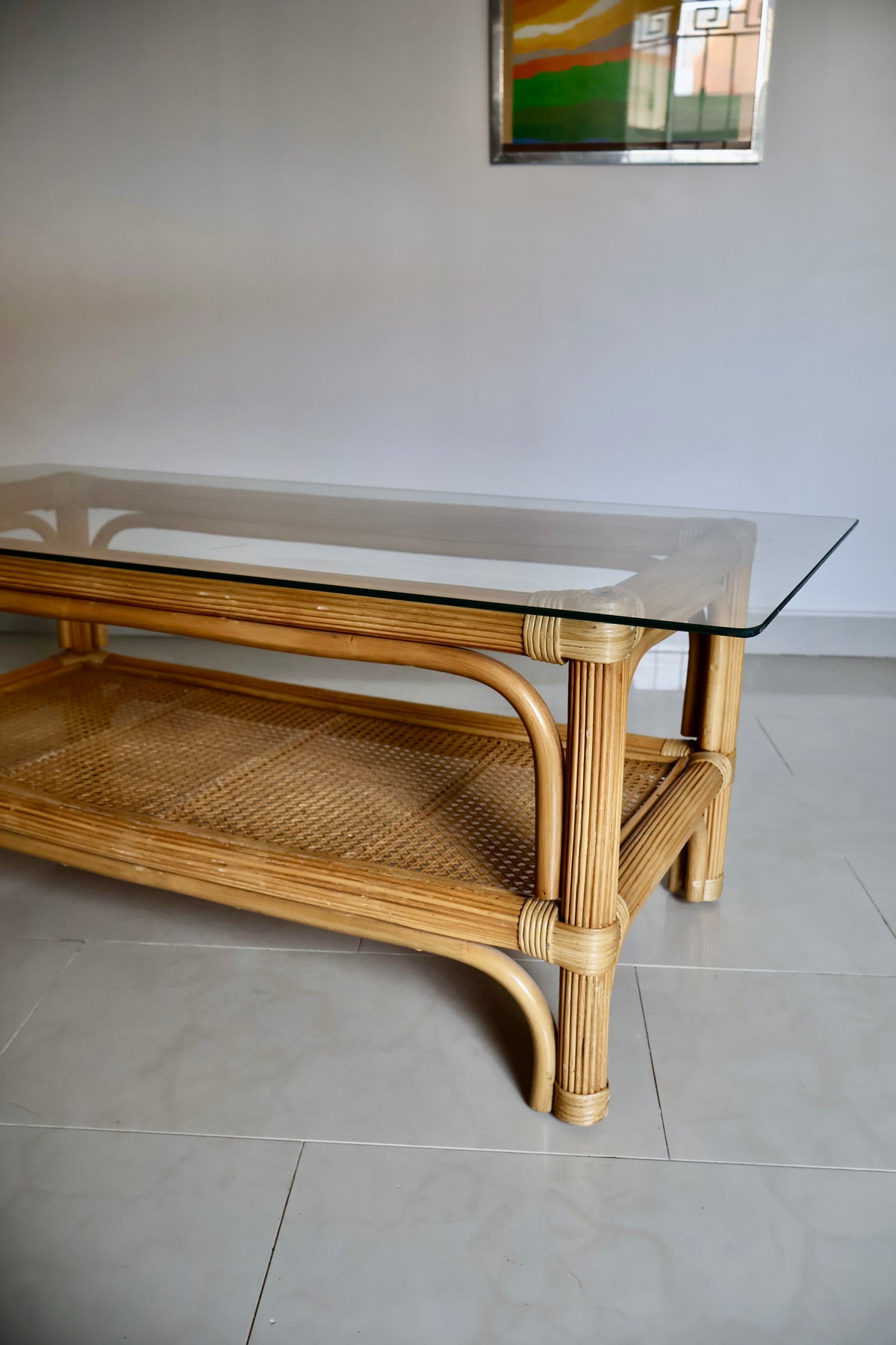 Vintage Rattan & Cane Coffee Table with Glass Top – 120 x 60 x 46cm