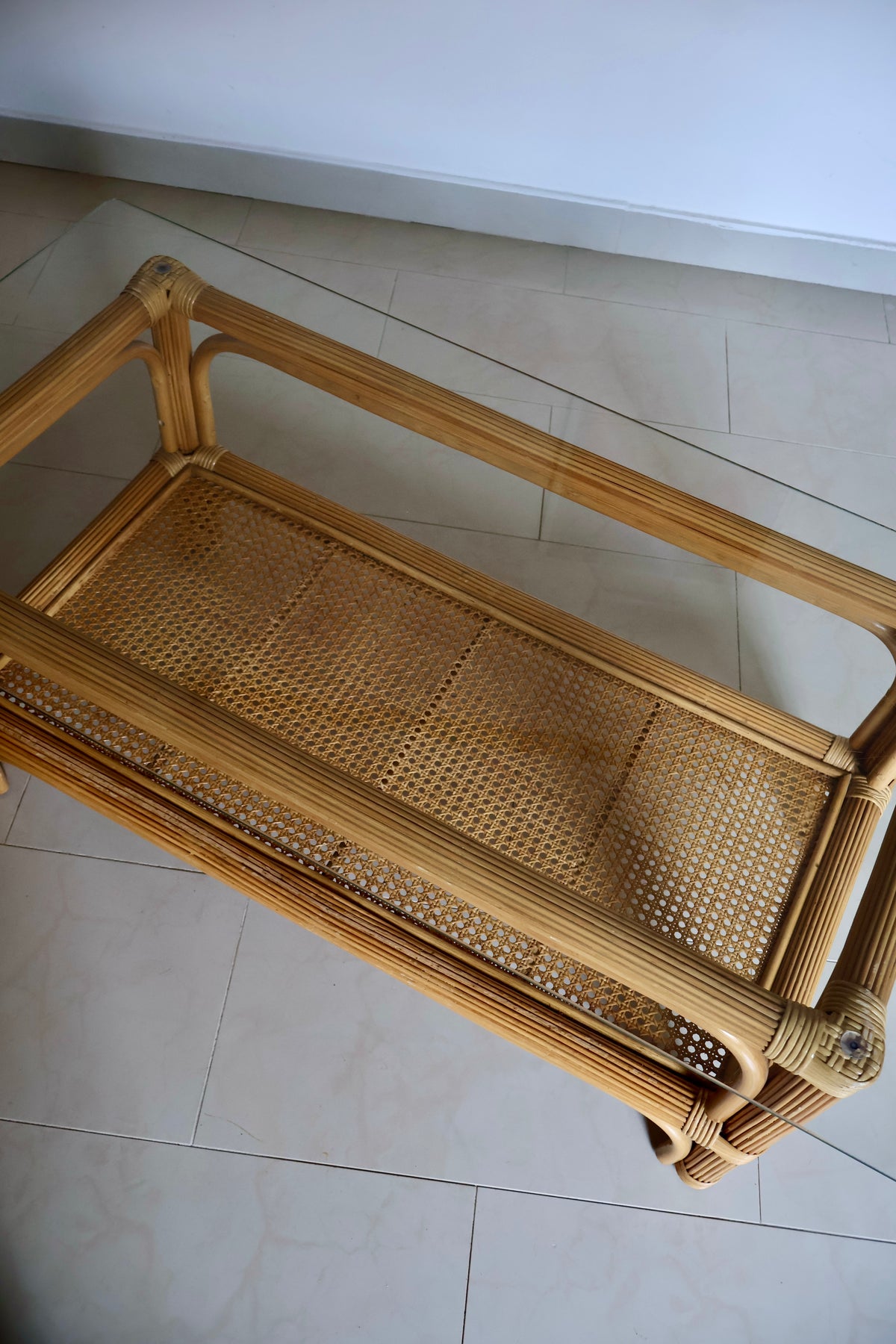 Vintage Rattan & Cane Coffee Table with Glass Top – 120 x 60 x 46cm