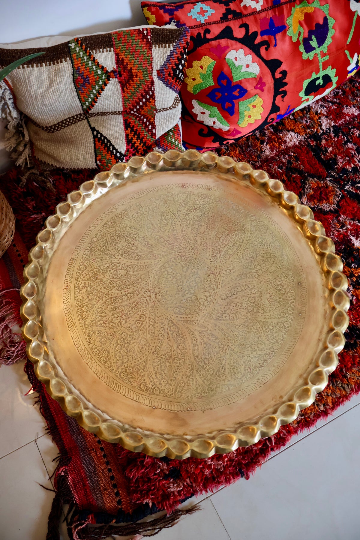Vintage Engraved Brass Tray Table – 62 x 35cm
