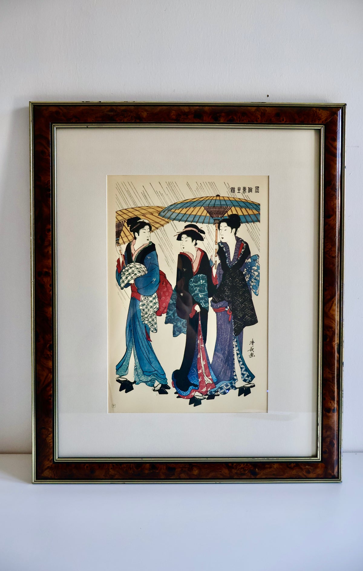 Vintage Japanese Torii Kiyonaga “Three Beauties in the Rain” Reproduction Print – 47 x 57cm