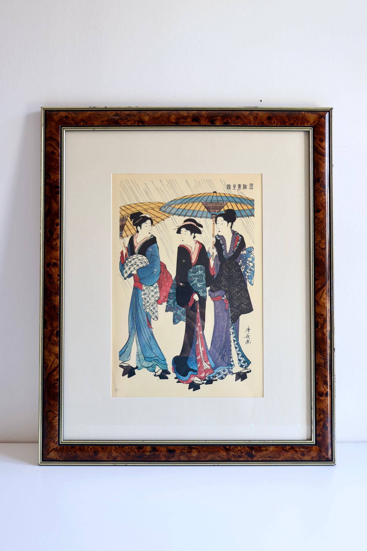 Vintage Japanese Torii Kiyonaga “Three Beauties in the Rain” Reproduction Print – 47 x 57cm