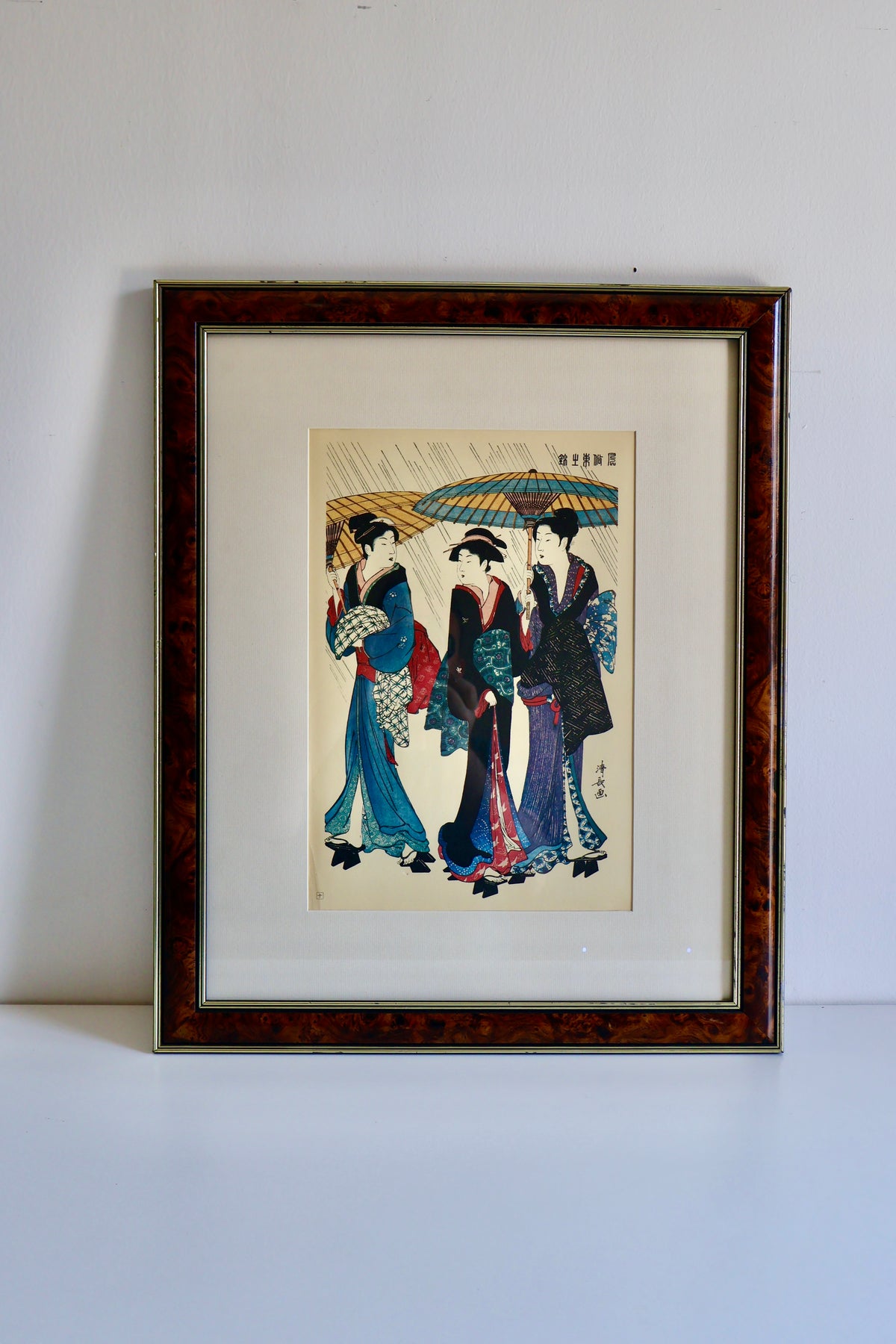 Vintage Japanese Torii Kiyonaga “Three Beauties in the Rain” Reproduction Print – 47 x 57cm
