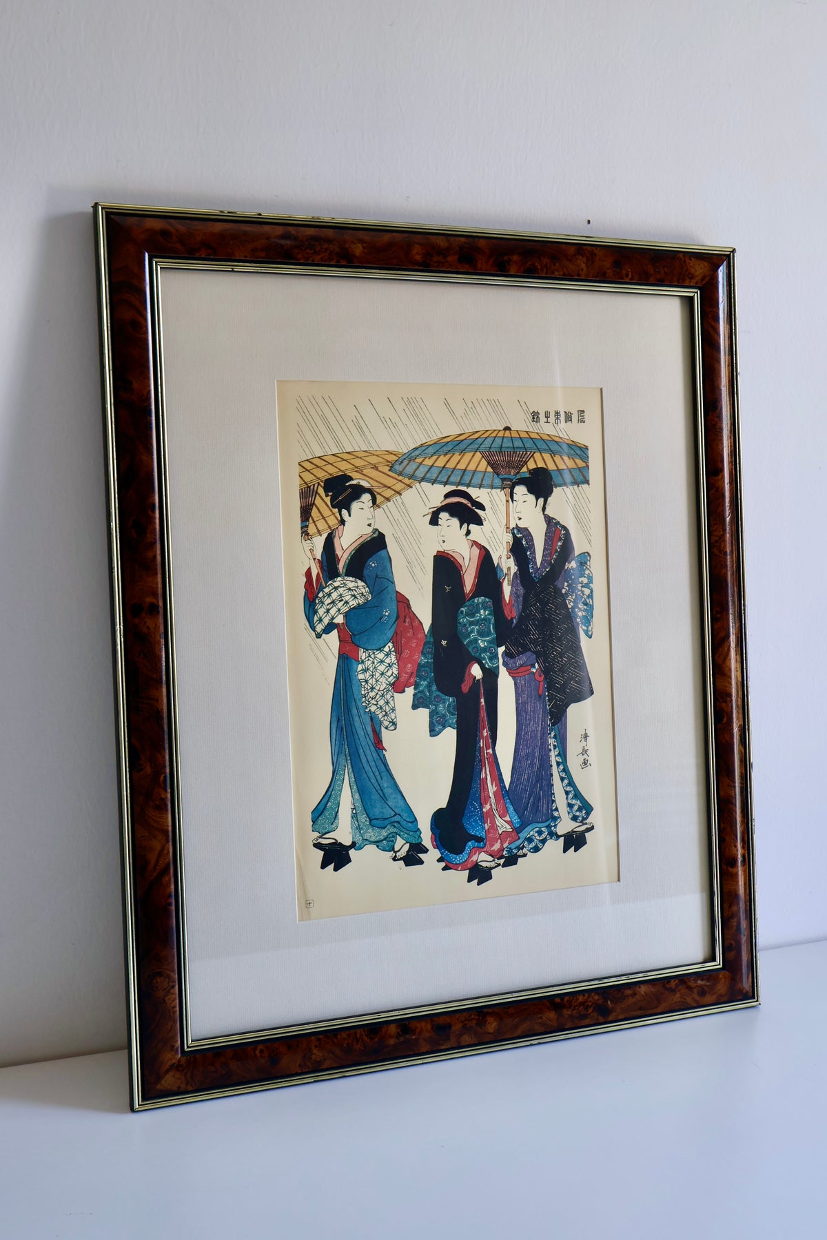 Vintage Japanese Torii Kiyonaga “Three Beauties in the Rain” Reproduction Print – 47 x 57cm