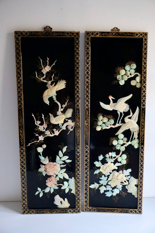 Vintage Chinese Lacquer & Carved Soapstone Wall Panels – Pair – c. 1960s–1980s