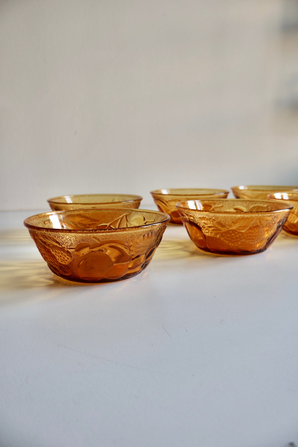 Vintage Amber Pressed Glass Fruit Bowls – Set of 6