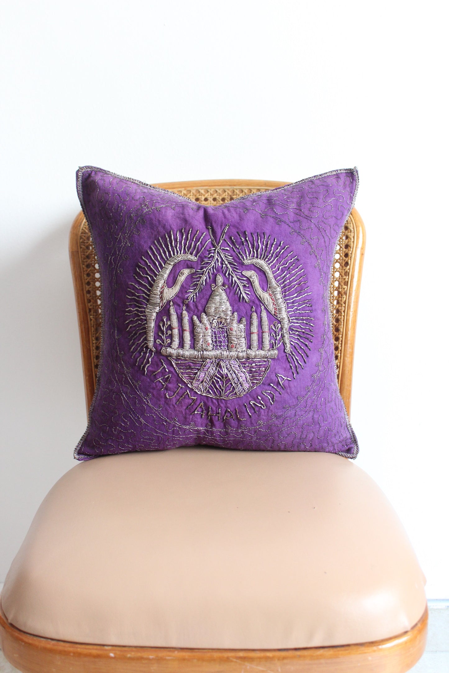 1940s Taj Mahal Silver Embroidered Indian Pillow