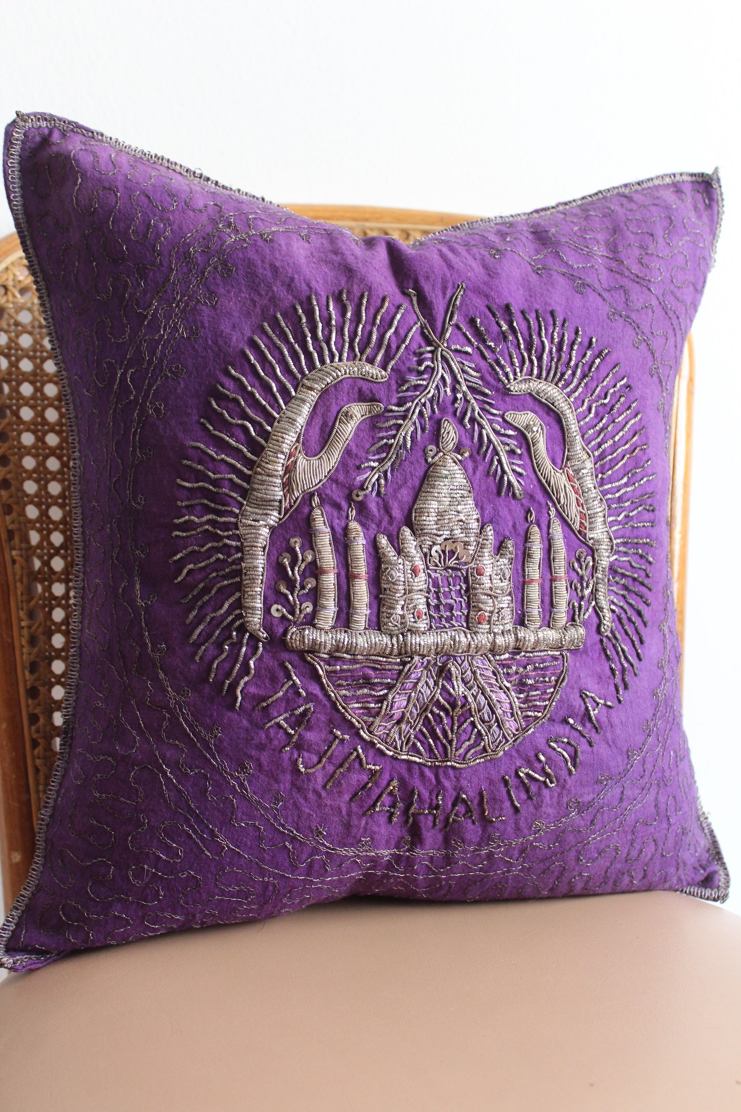 1940s Taj Mahal Silver Embroidered Indian Pillow