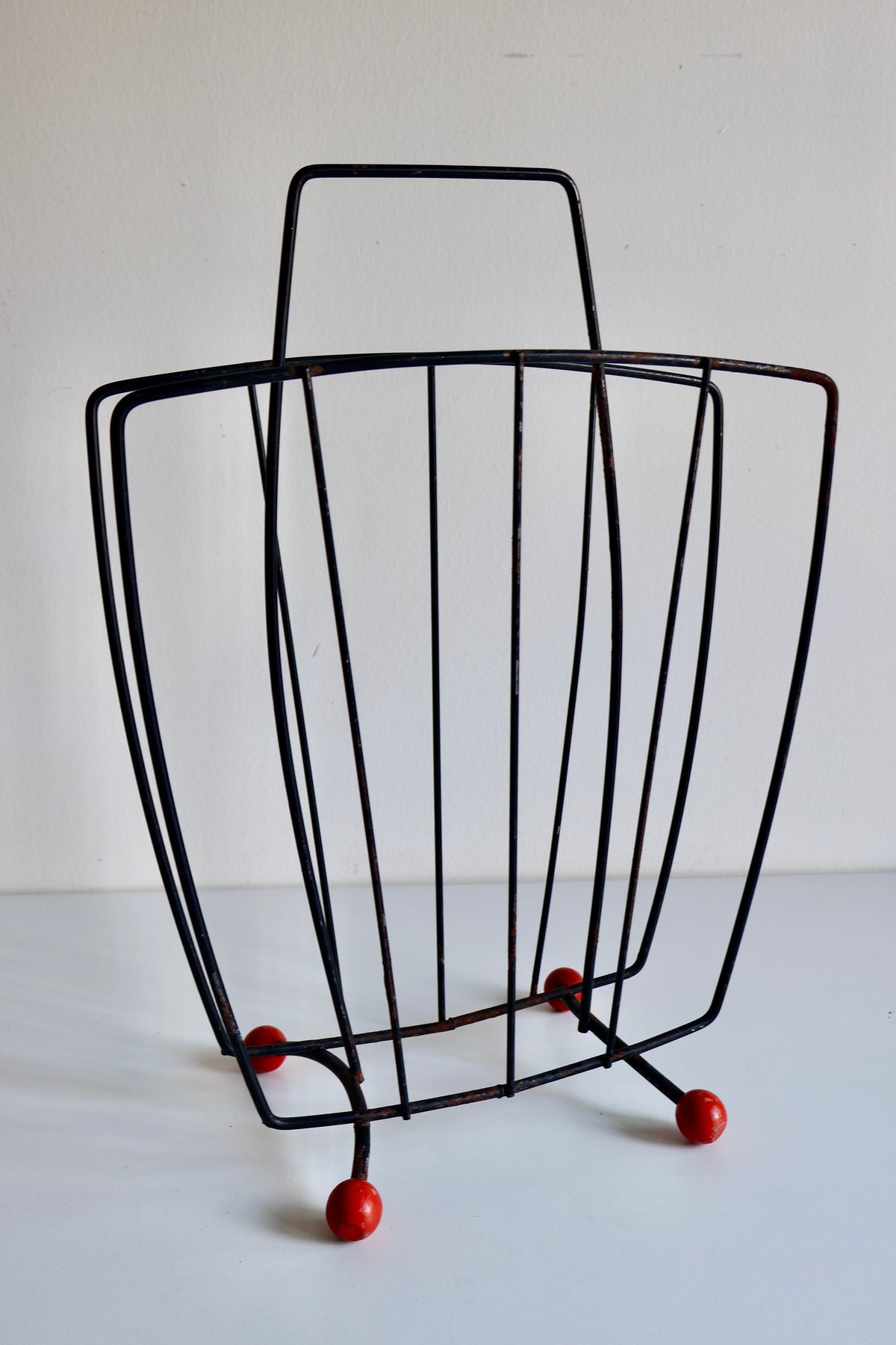Vintage Mid-Century Wire Magazine Rack with Red Ball Feet