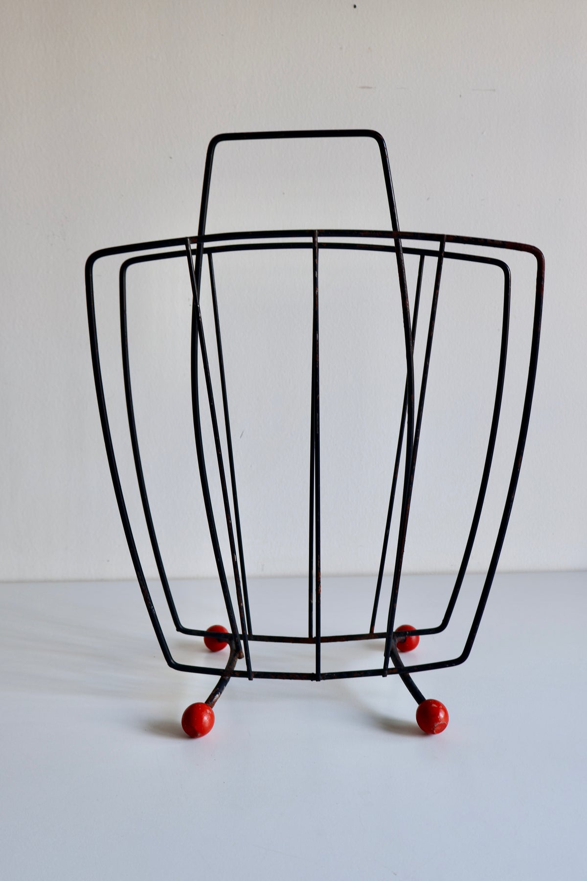 Vintage Mid-Century Wire Magazine Rack with Red Ball Feet