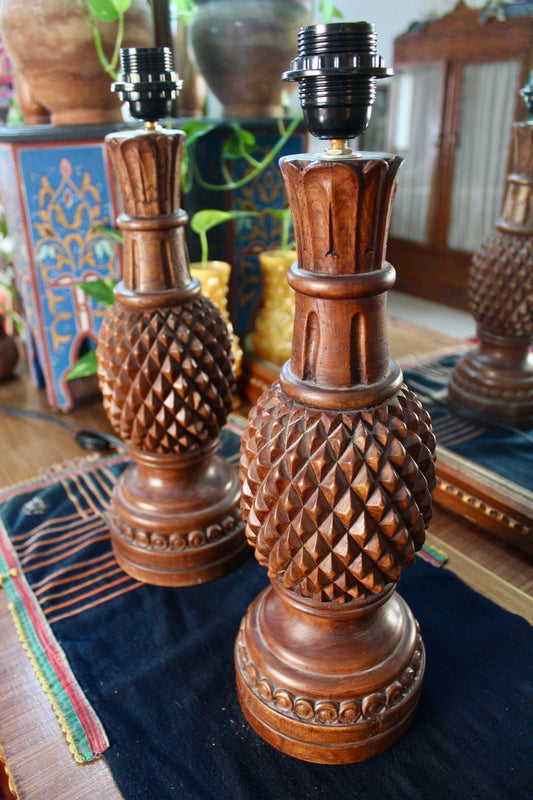 Vintage Carved Wood Pineapple Lamps