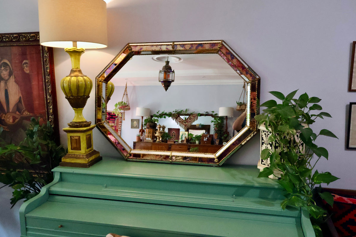 Vintage Octagonal Églomisé-Style Mirror with Gilt Metal Trim