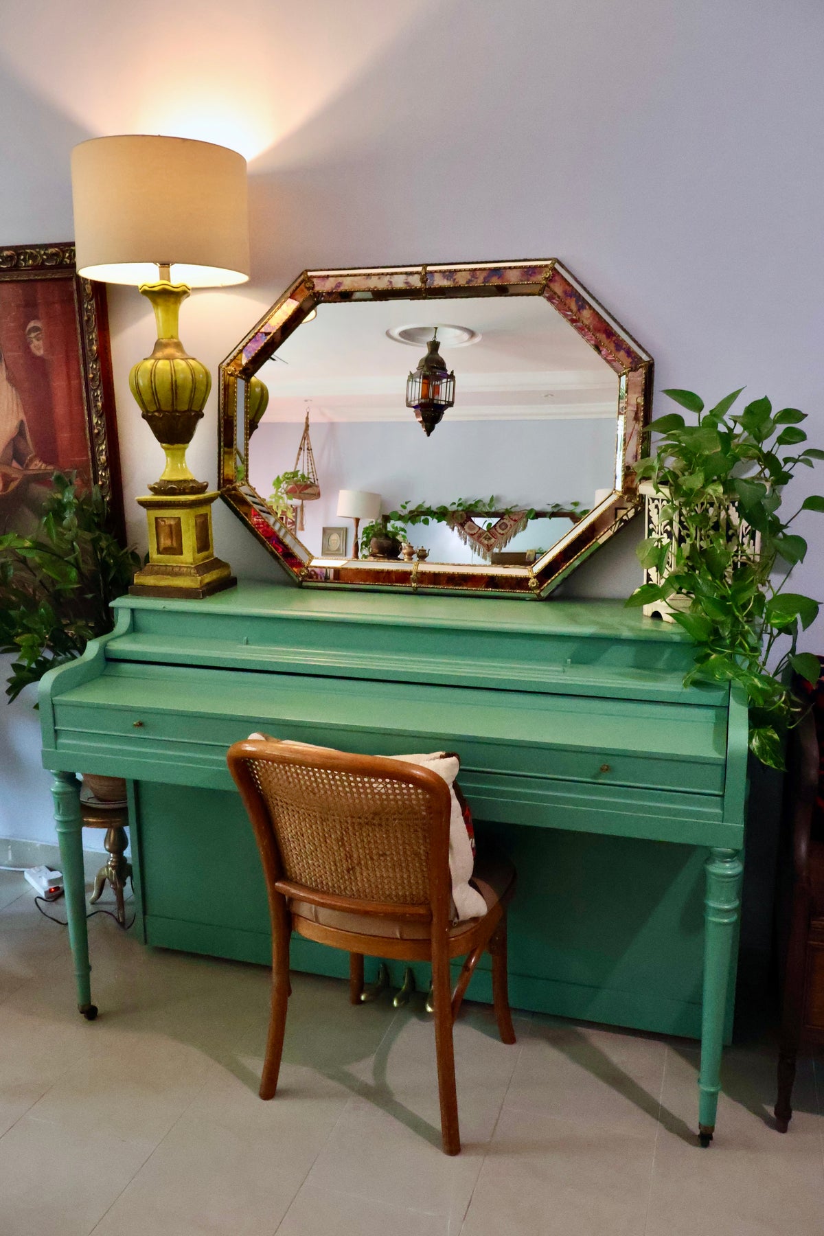 Vintage Octagonal Églomisé-Style Mirror with Gilt Metal Trim