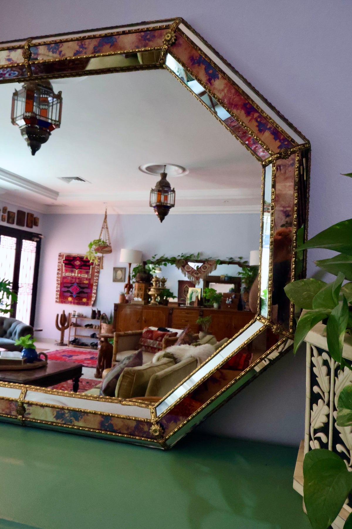Vintage Octagonal Églomisé-Style Mirror with Gilt Metal Trim