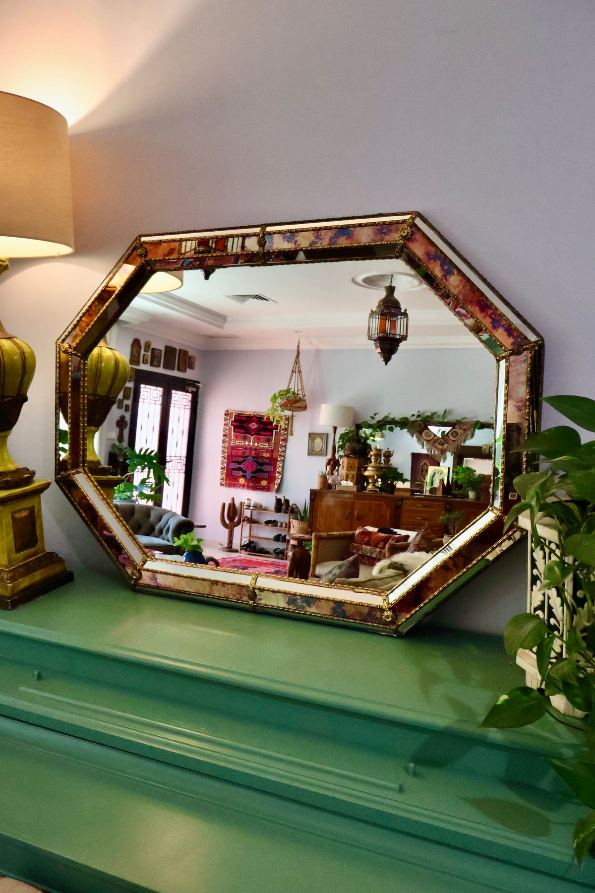 Vintage Octagonal Églomisé-Style Mirror with Gilt Metal Trim
