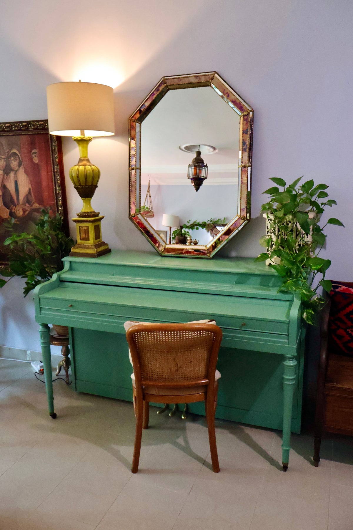 Vintage Octagonal Églomisé-Style Mirror with Gilt Metal Trim